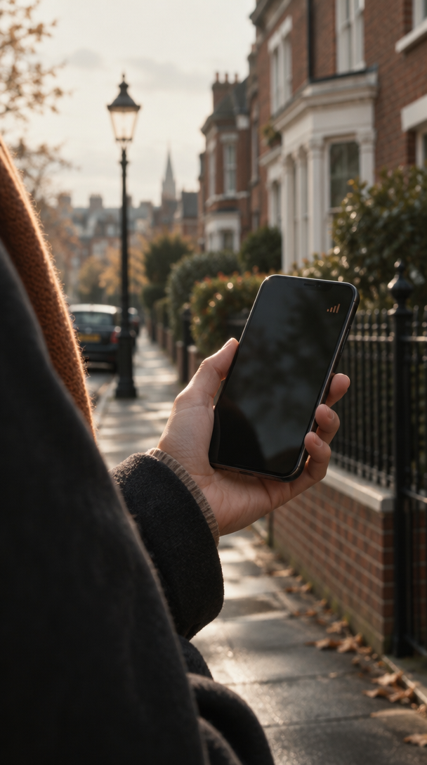 Checking a phone on a UK residential street