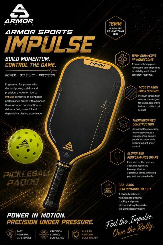 Armor Sports Impulse 16mm elongated pickleball paddle, black face with gold edge guard